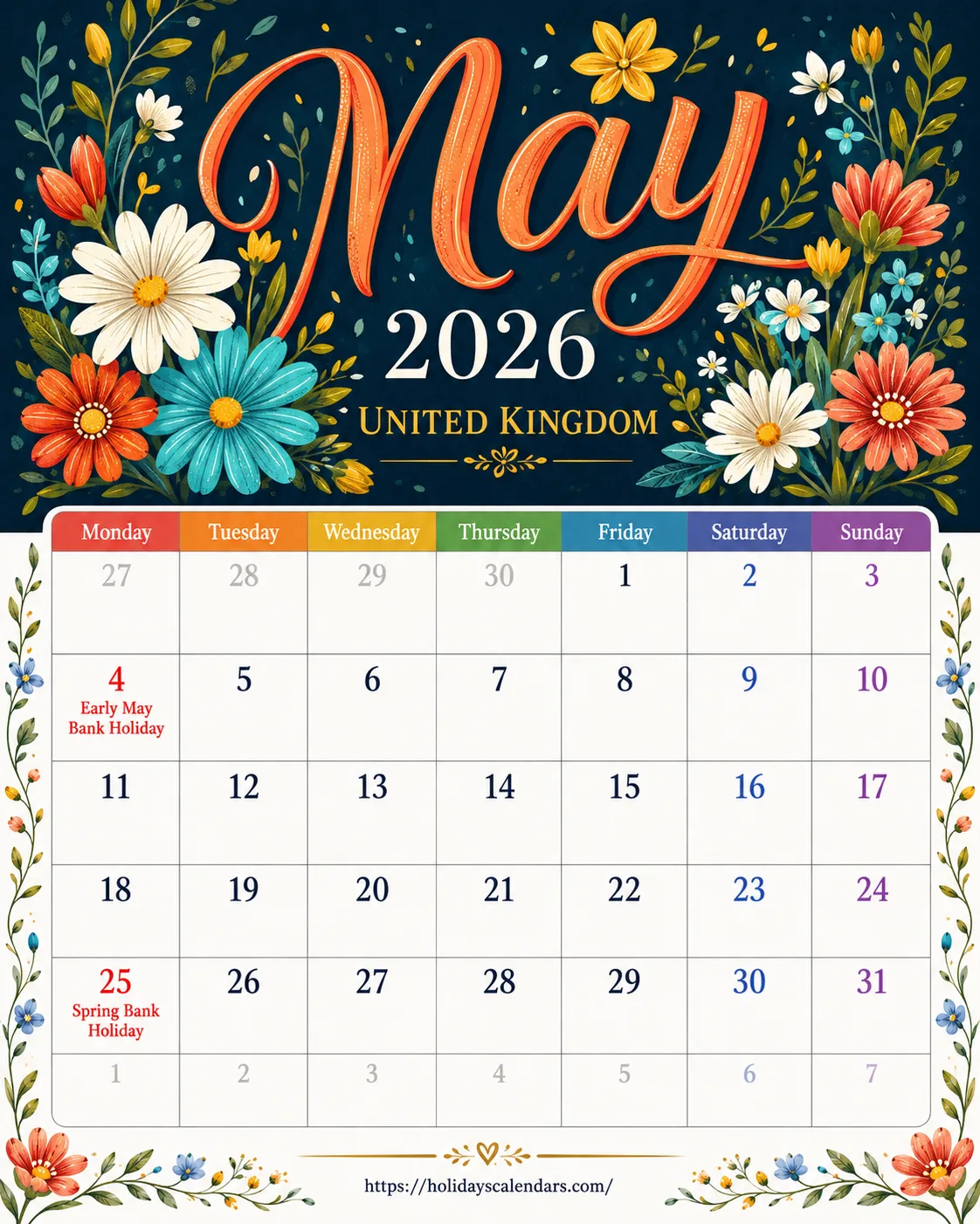 United Kingdom bank holidays May 2026 calendar image with Early May and Spring bank holidays