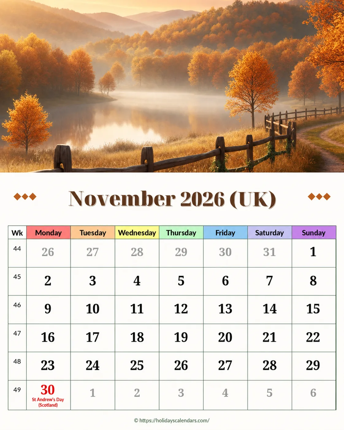 United Kingdom bank holidays November 2026 calendar image with St Andrew's Day in Scotland