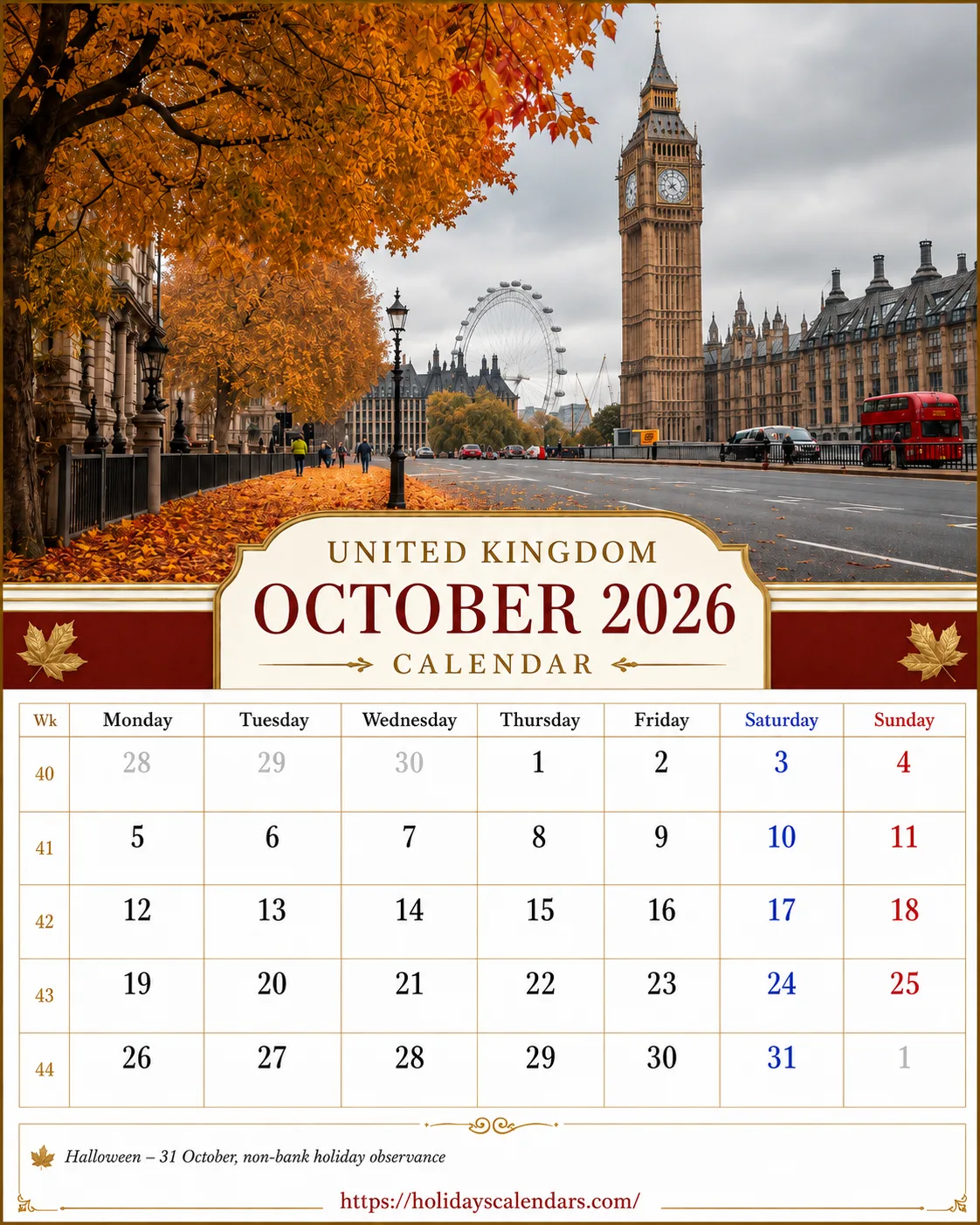 United Kingdom bank holidays October 2026 calendar image for monthly planning