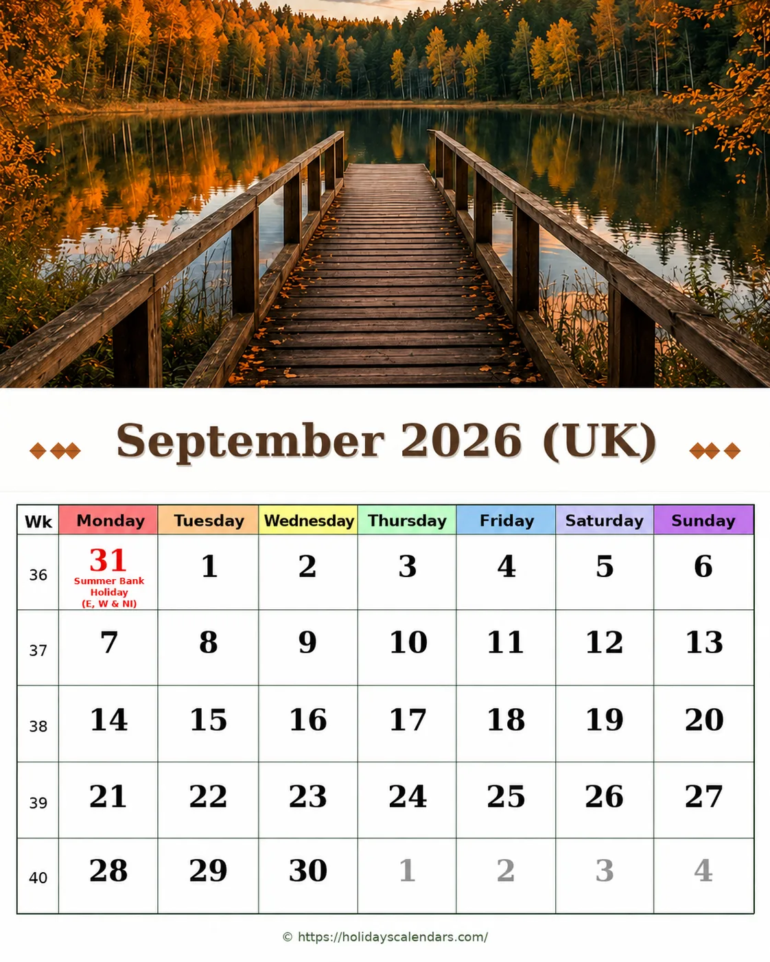 United Kingdom bank holidays September 2026 calendar image for monthly planning
