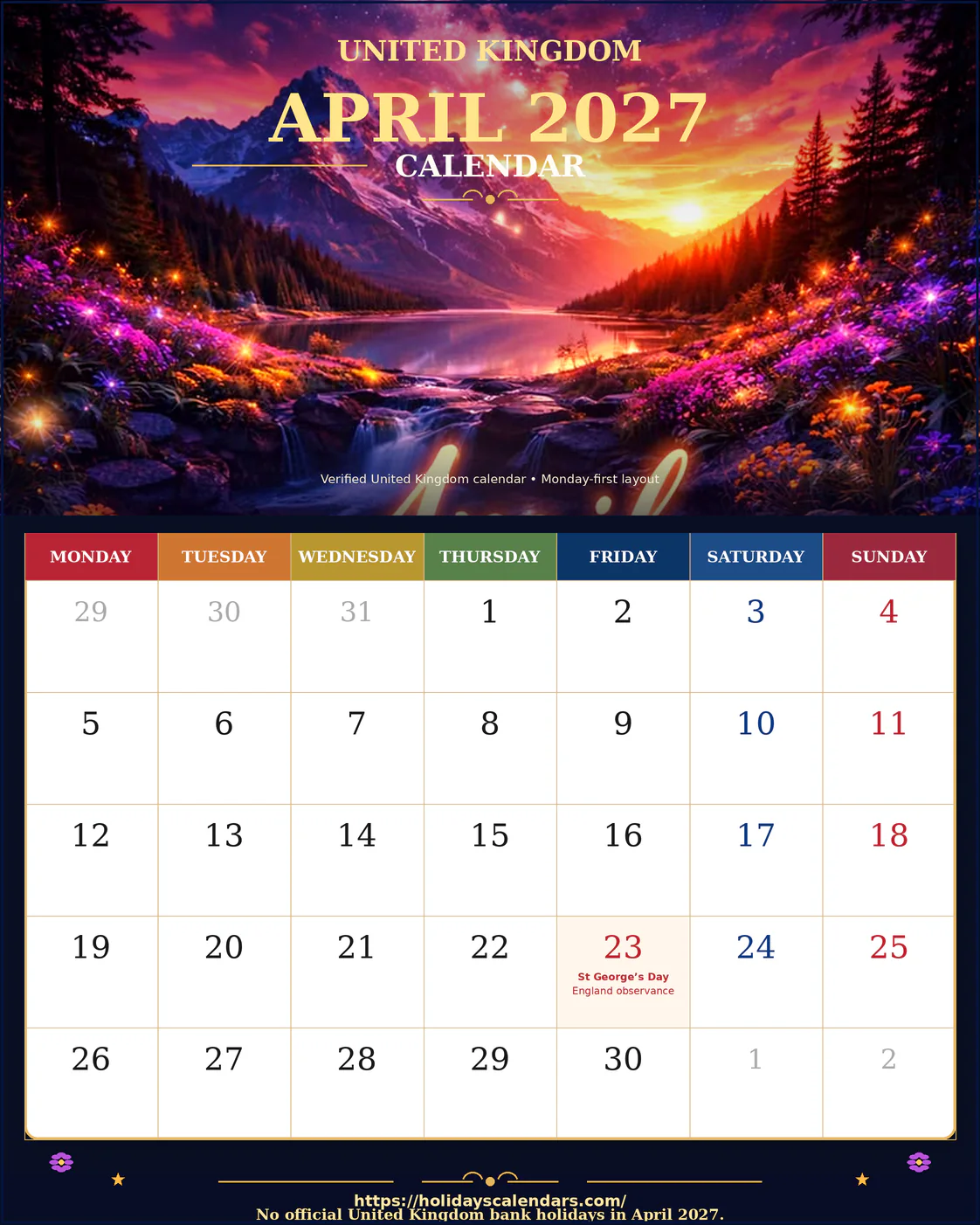 United Kingdom bank holidays April 2027 calendar image with no UK bank holiday dates listed