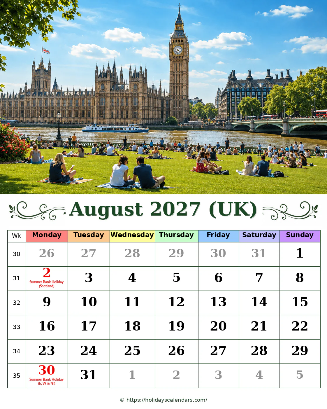 United Kingdom bank holidays August 2027 calendar image with Scotland and late-August summer bank holiday dates highlighted