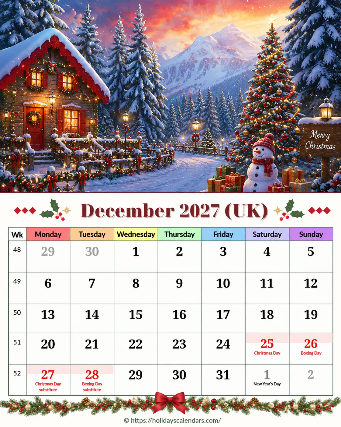 United Kingdom bank holidays December 2027 calendar image with Christmas Day and Boxing Day substitute dates highlighted