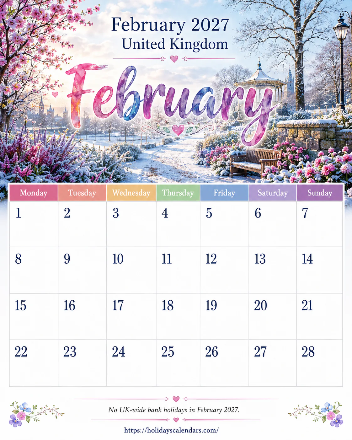 United Kingdom bank holidays February 2027 calendar image with no UK bank holiday dates listed