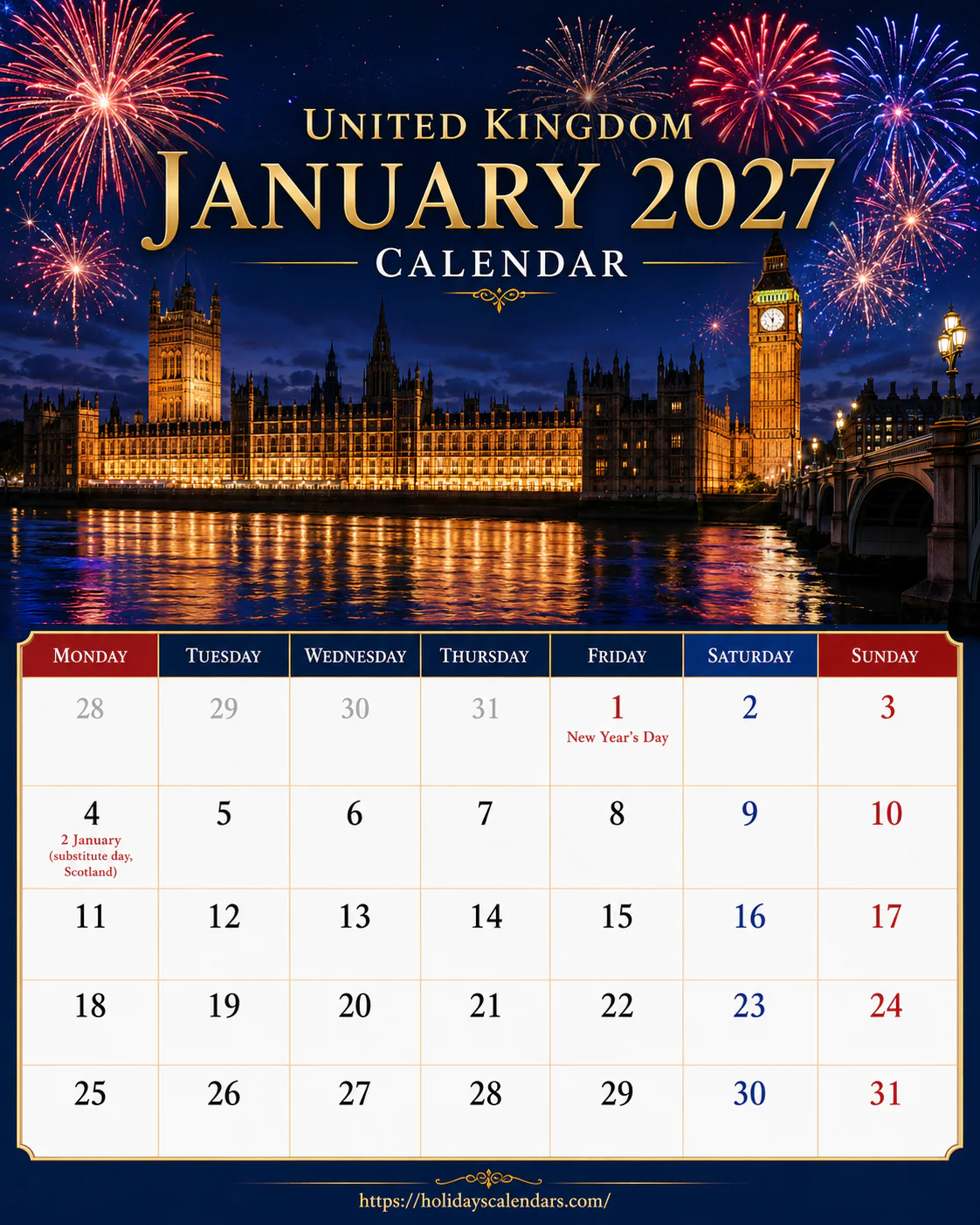 United Kingdom bank holidays January 2027 calendar image with New Year and Scotland substitute date highlighted