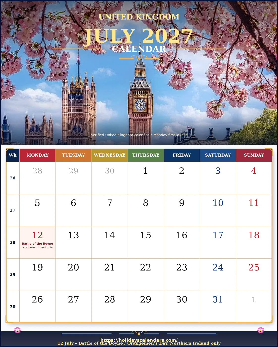 United Kingdom bank holidays July 2027 calendar image with Battle of the Boyne in Northern Ireland highlighted