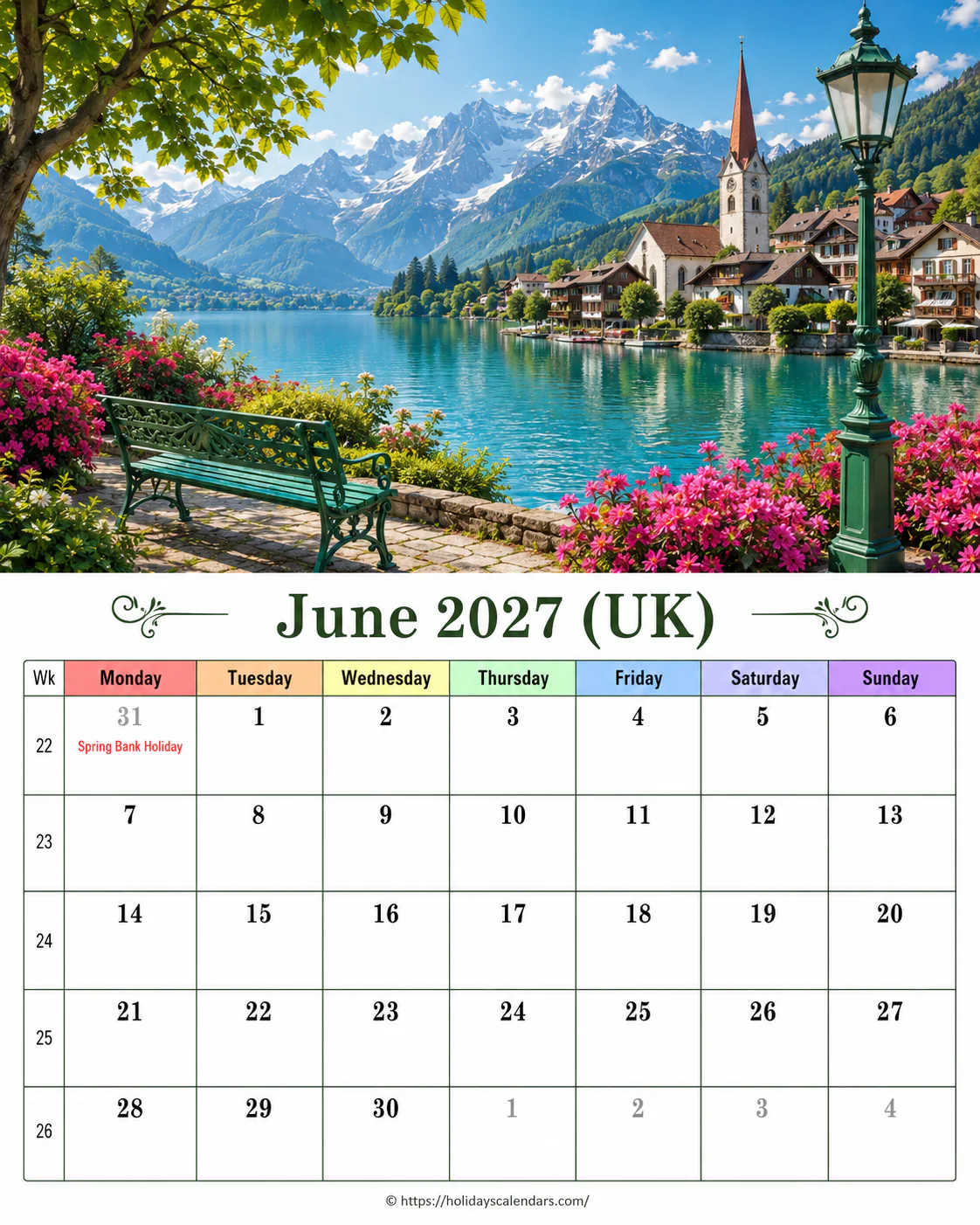 United Kingdom bank holidays June 2027 calendar image with no UK bank holiday dates listed
