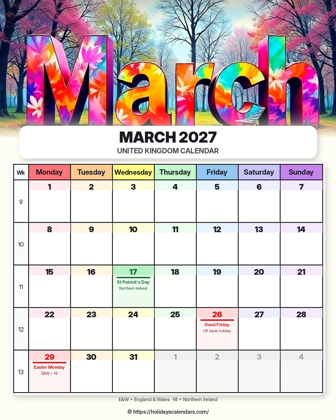 United Kingdom bank holidays March 2027 calendar image with St Patrick Day, Good Friday, and Easter Monday highlighted