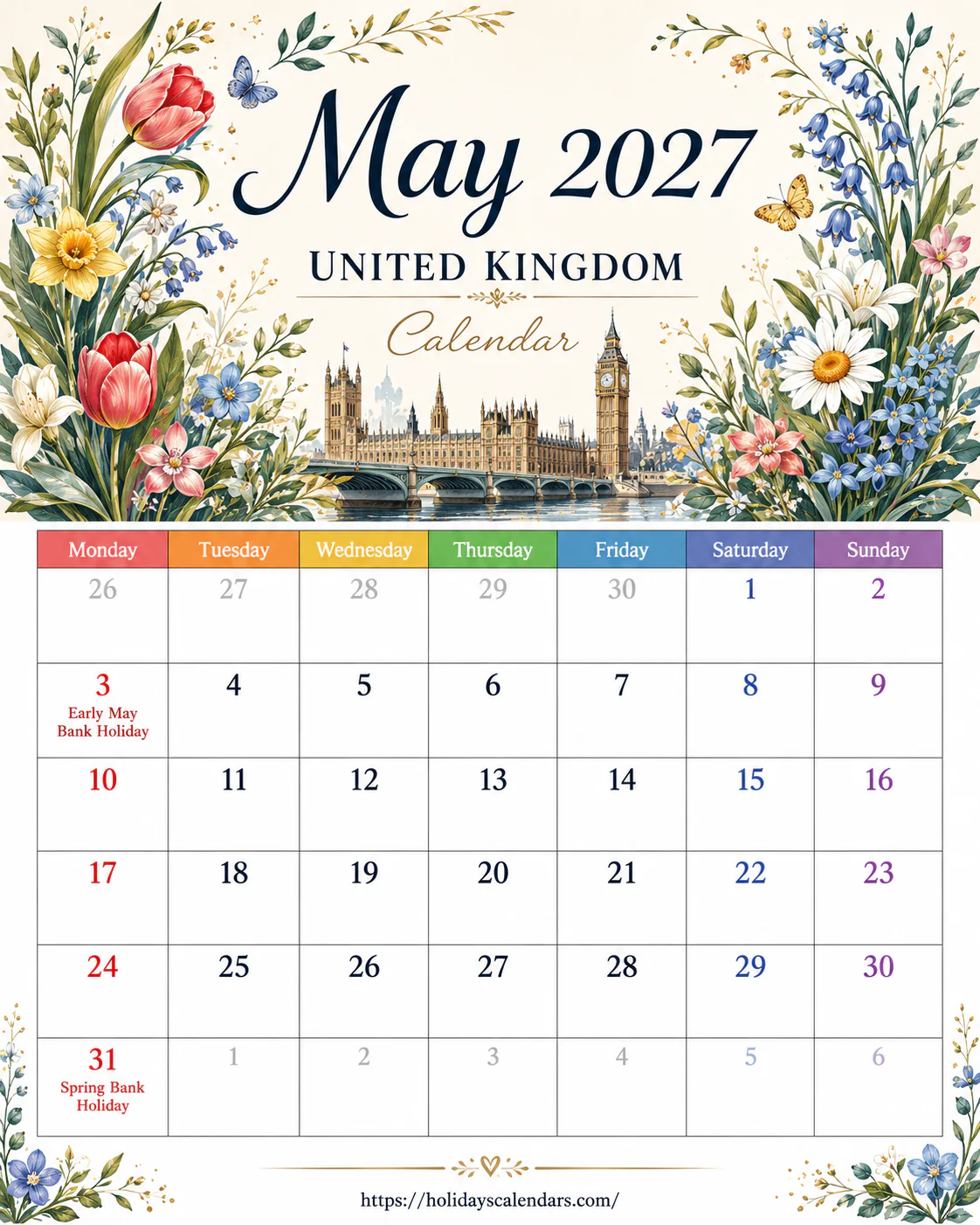 United Kingdom bank holidays May 2027 calendar image with Early May bank holiday and Spring bank holiday highlighted
