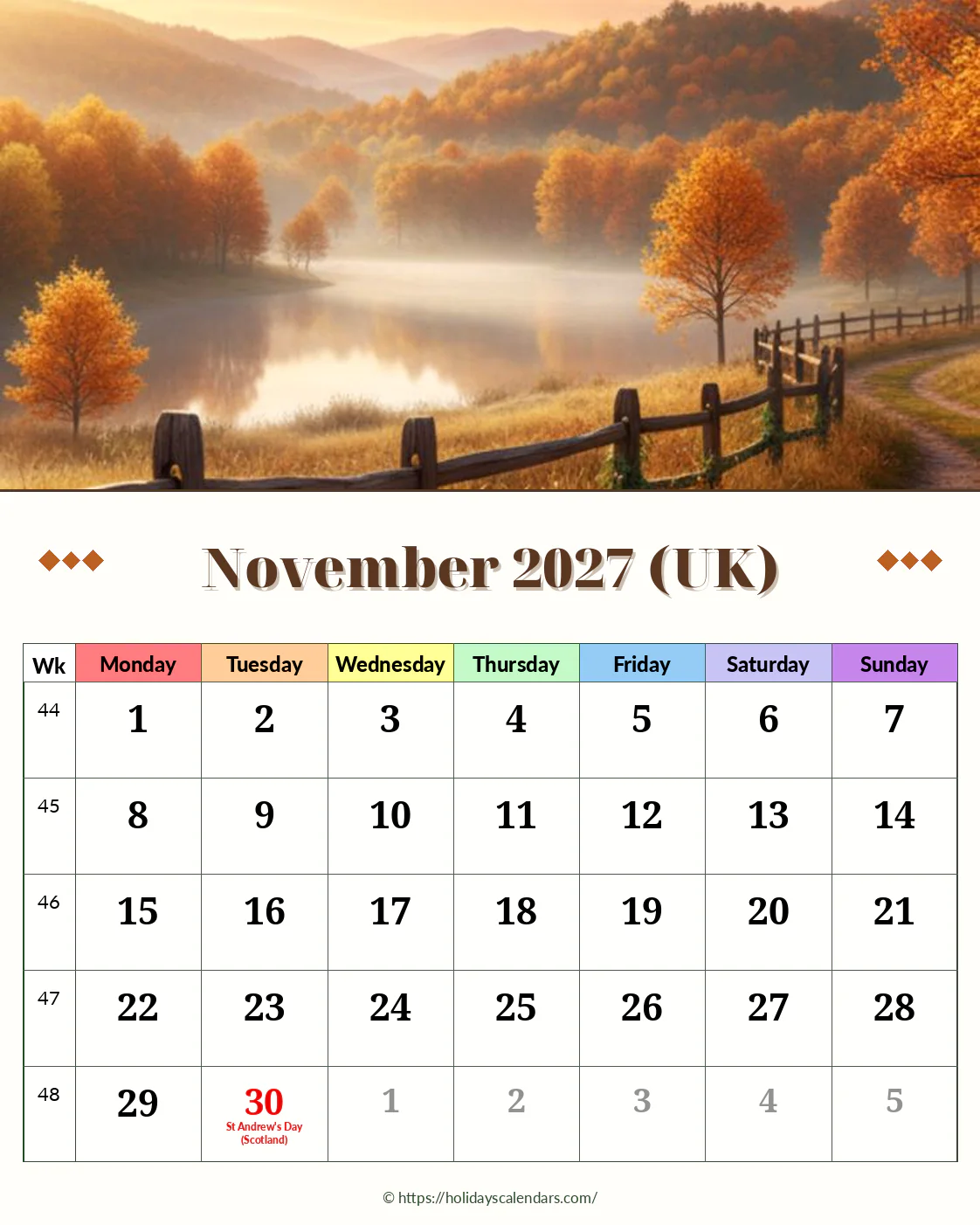 United Kingdom bank holidays November 2027 calendar image with Scotland St Andrew date highlighted
