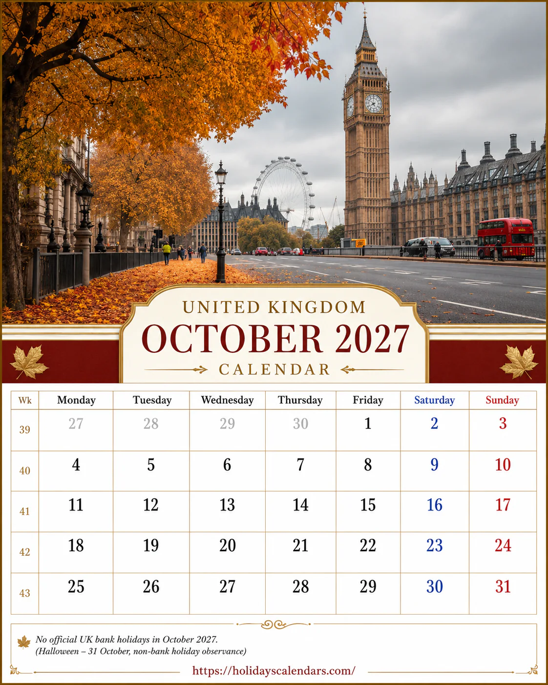 United Kingdom bank holidays October 2027 calendar image with no UK bank holiday dates listed