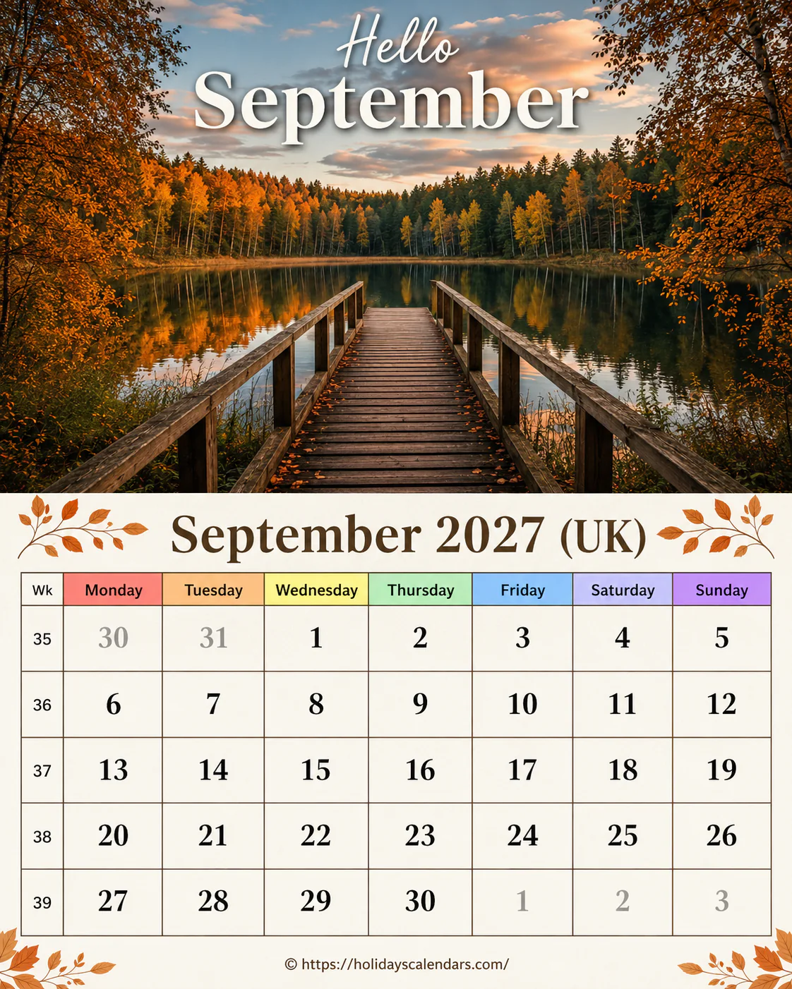 United Kingdom bank holidays September 2027 calendar image with no UK bank holiday dates listed