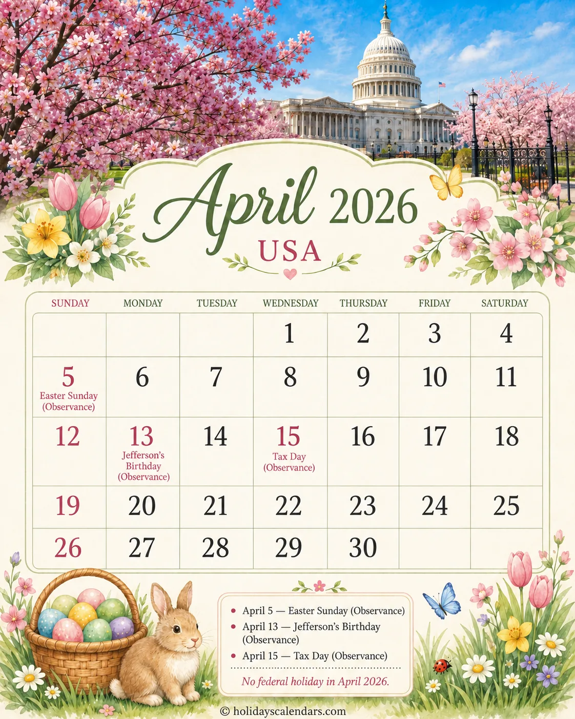 United States federal holidays April 2026 calendar image for monthly planning