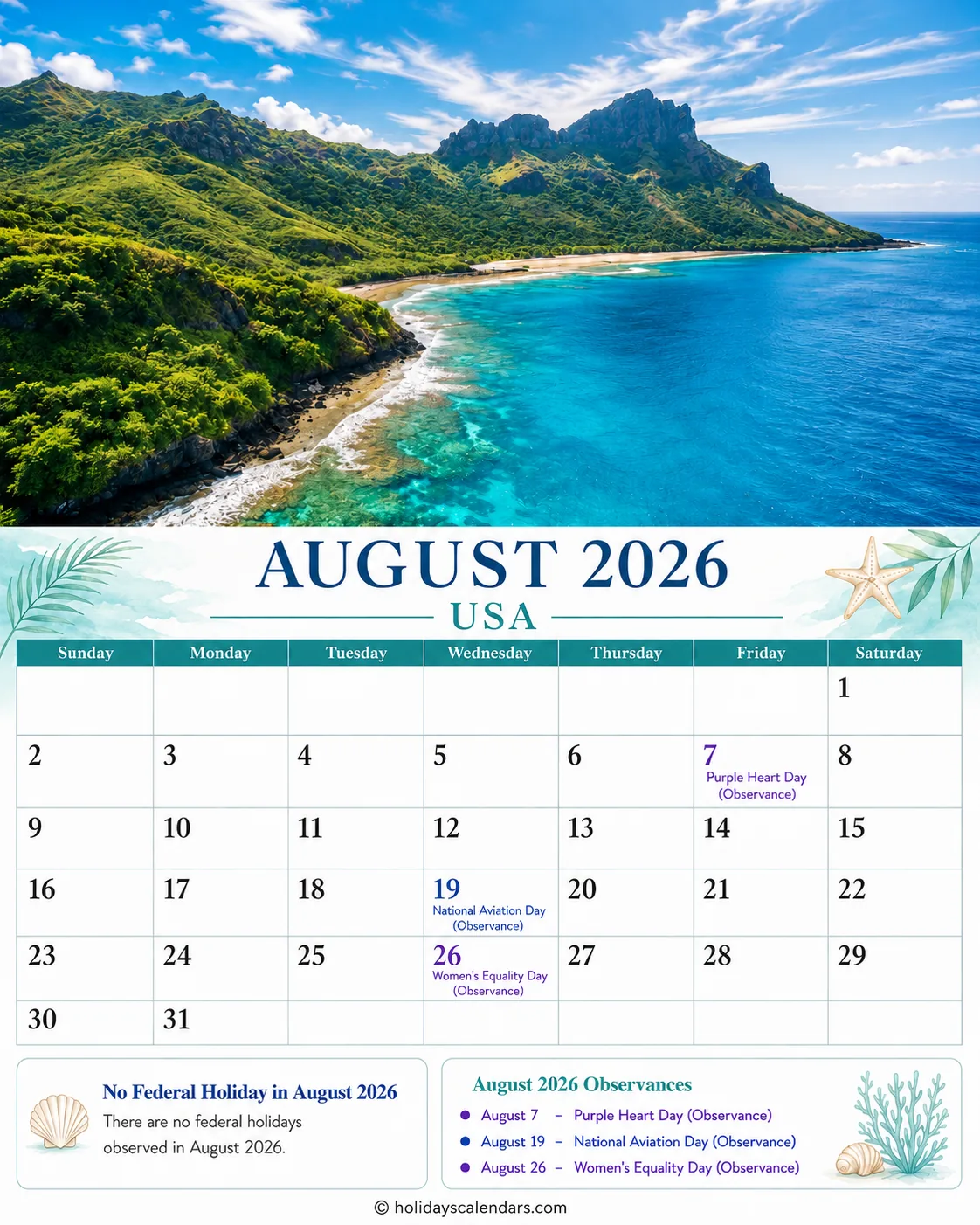 United States federal holidays August 2026 calendar image for monthly planning