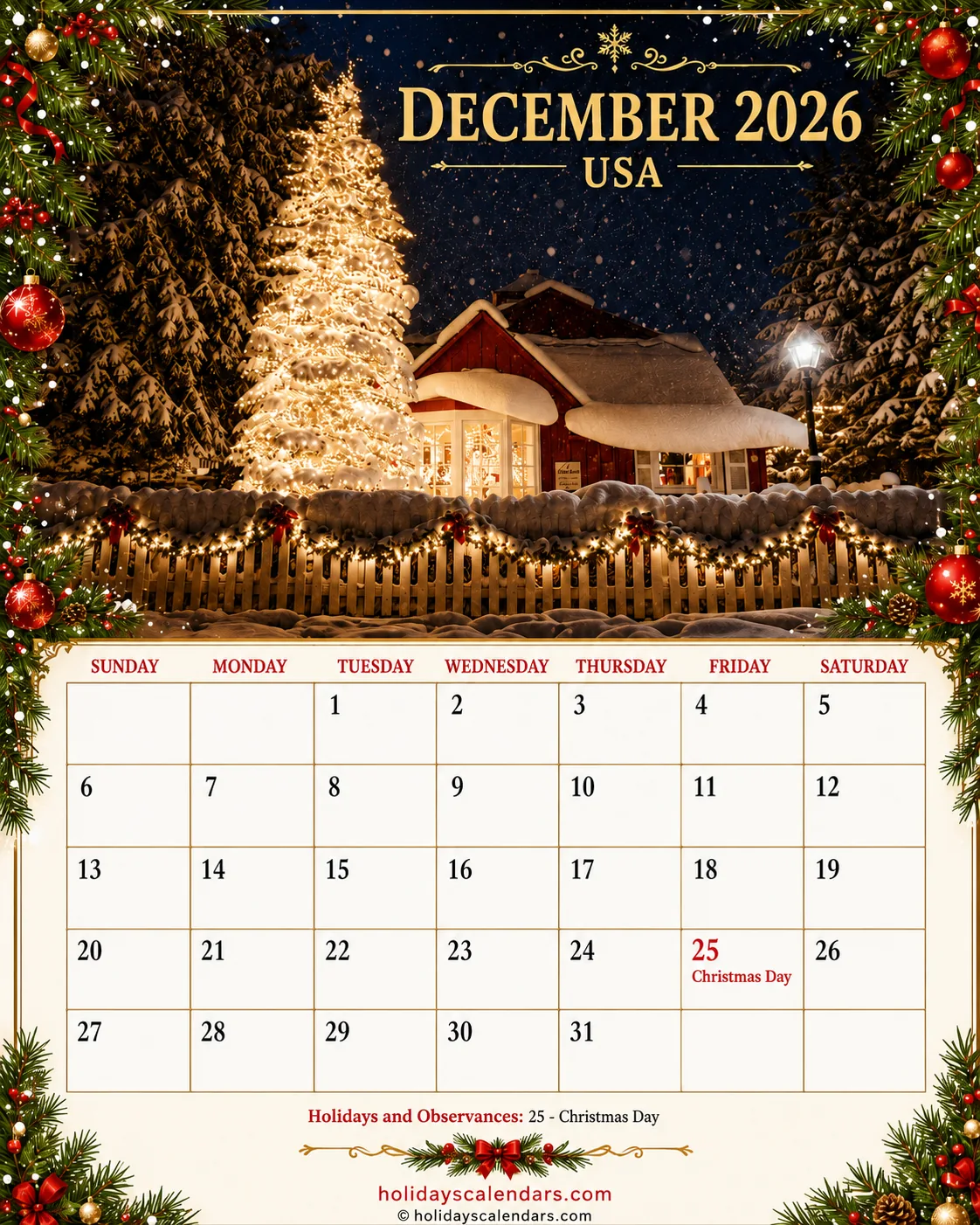 United States federal holidays December 2026 calendar image with Christmas Day highlighted