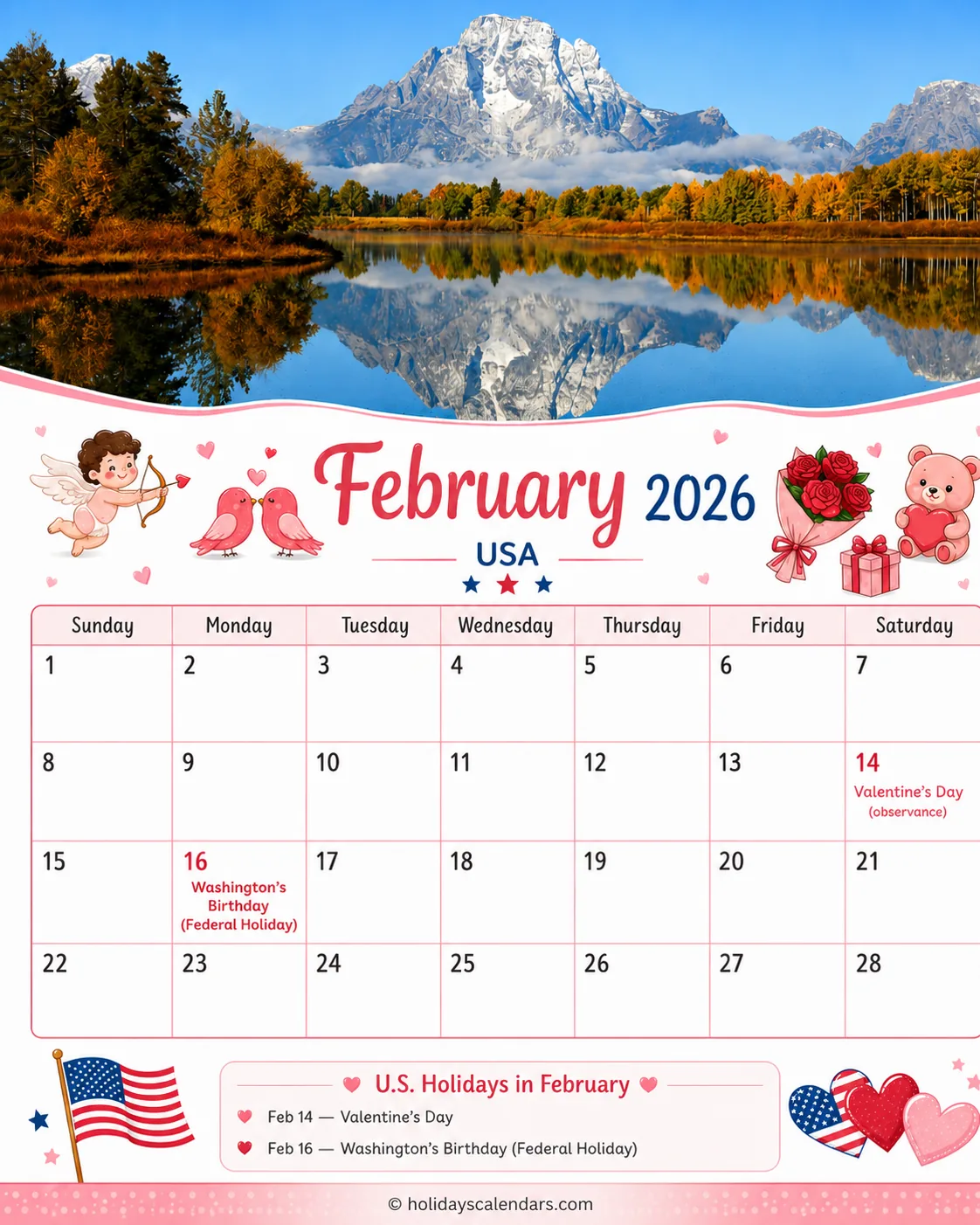 United States federal holidays February 2026 calendar image with Washington's Birthday highlighted