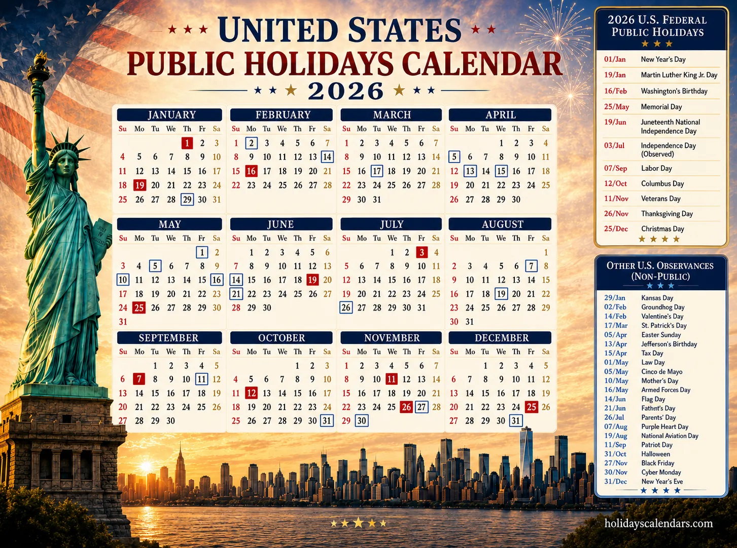 United States federal holidays 2026 full year calendar image with official and observed date markers