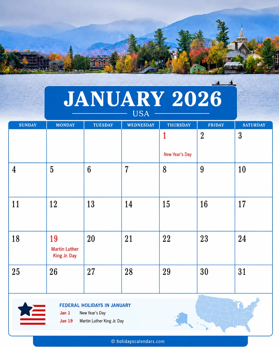 United States federal holidays January 2026 calendar image with New Year's Day and Martin Luther King Jr. Day highlighted