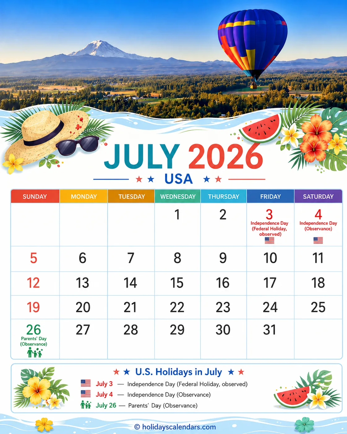 United States federal holidays July 2026 calendar image with Independence Day official and observed dates highlighted