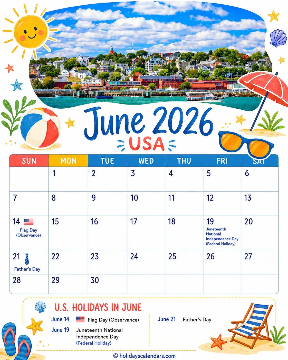 United States federal holidays June 2026 calendar image with Juneteenth highlighted