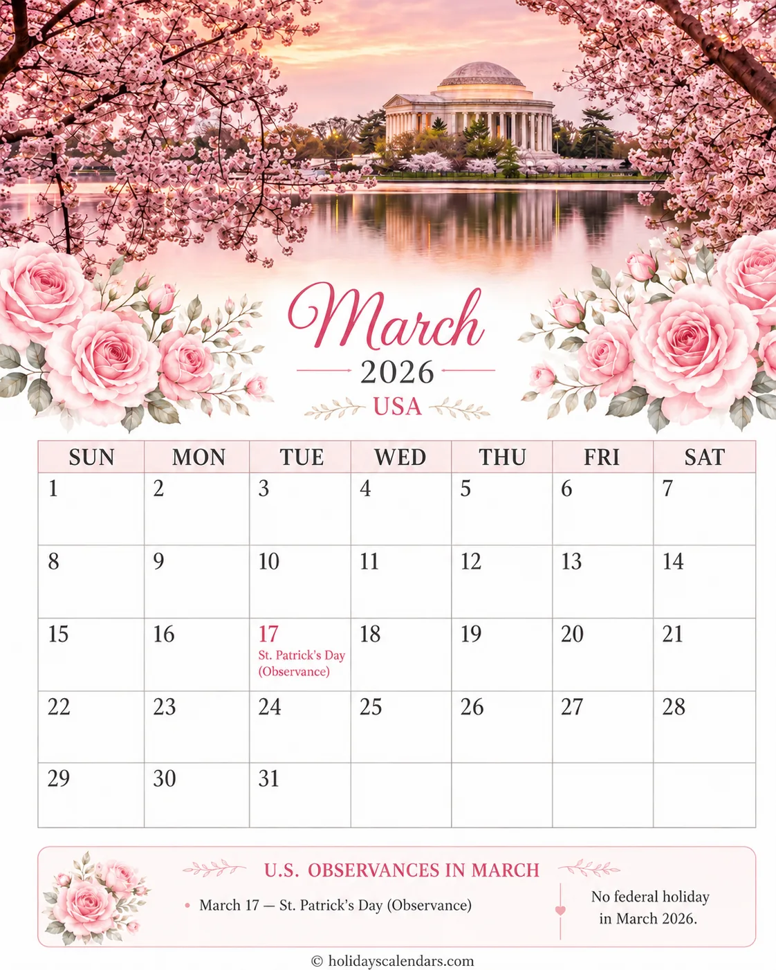 United States federal holidays March 2026 calendar image for monthly planning