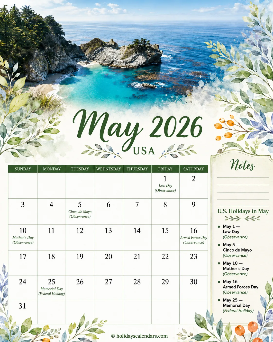 United States federal holidays May 2026 calendar image with Memorial Day highlighted
