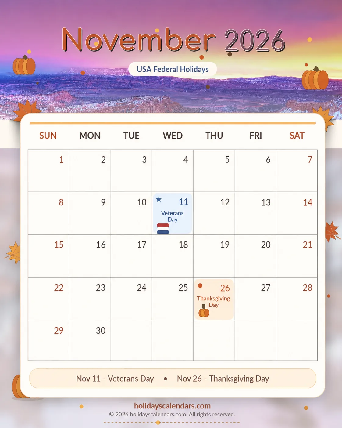 United States federal holidays November 2026 calendar image with Veterans Day and Thanksgiving Day highlighted