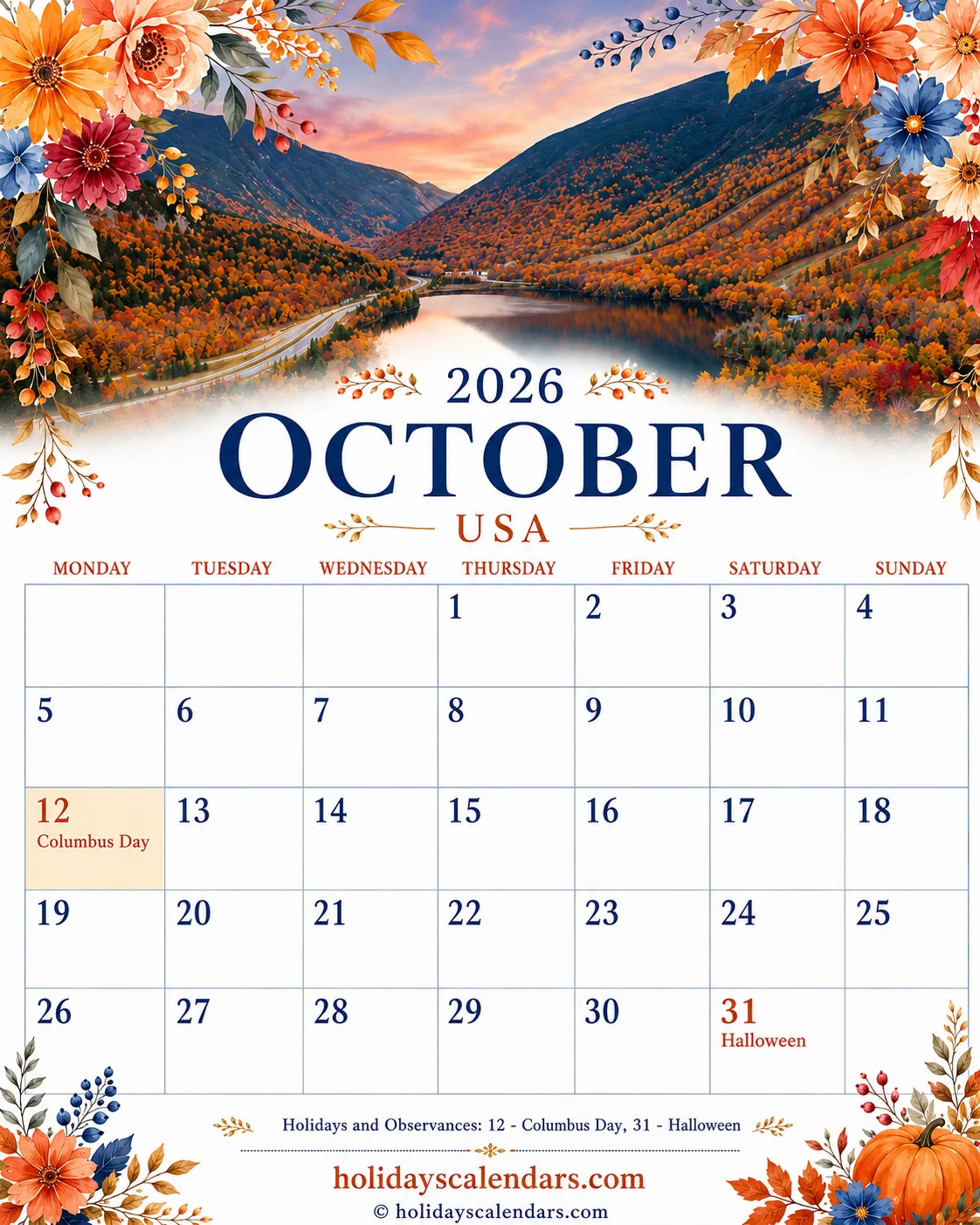 United States federal holidays October 2026 calendar image with Columbus Day highlighted