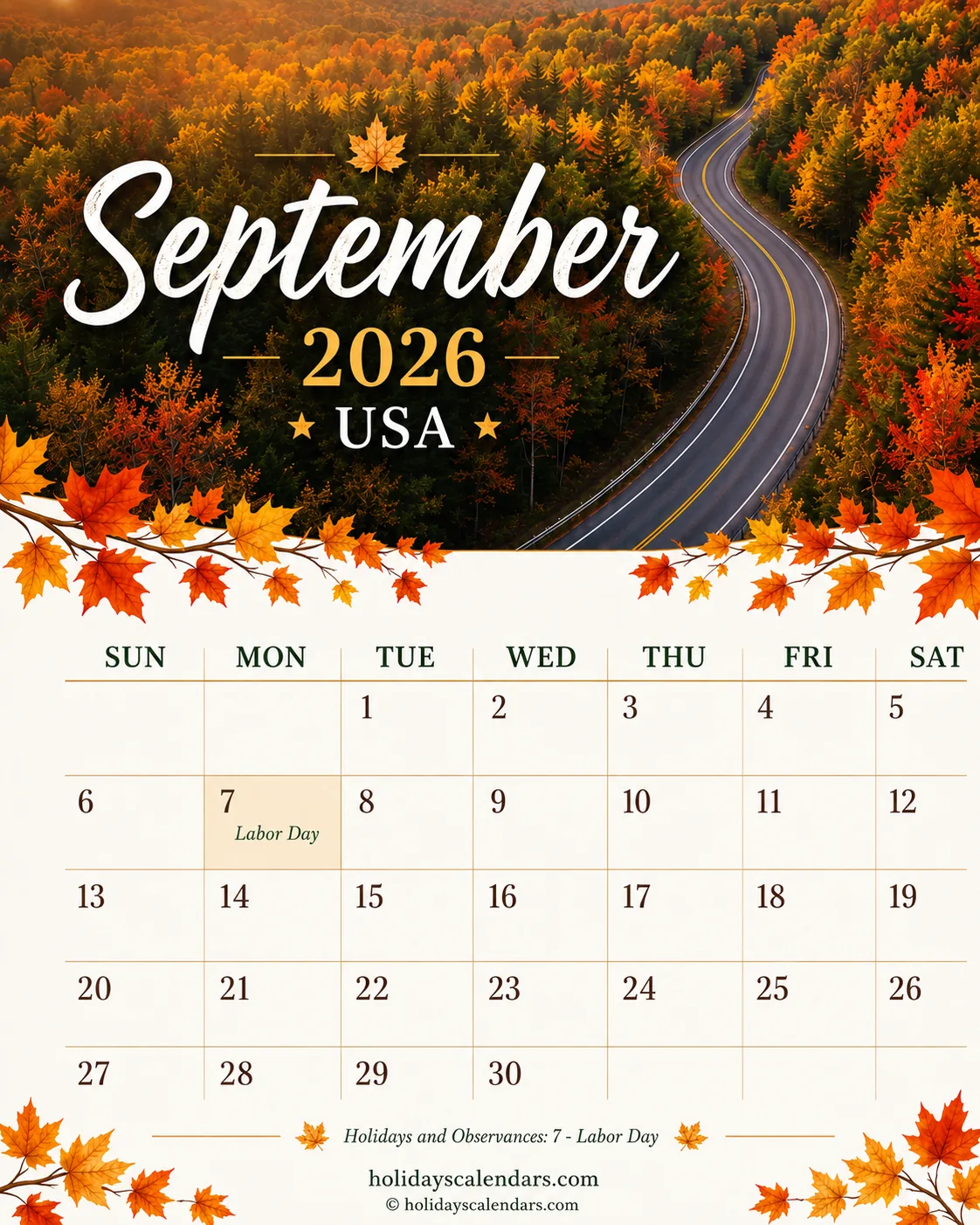 United States federal holidays September 2026 calendar image with Labor Day highlighted