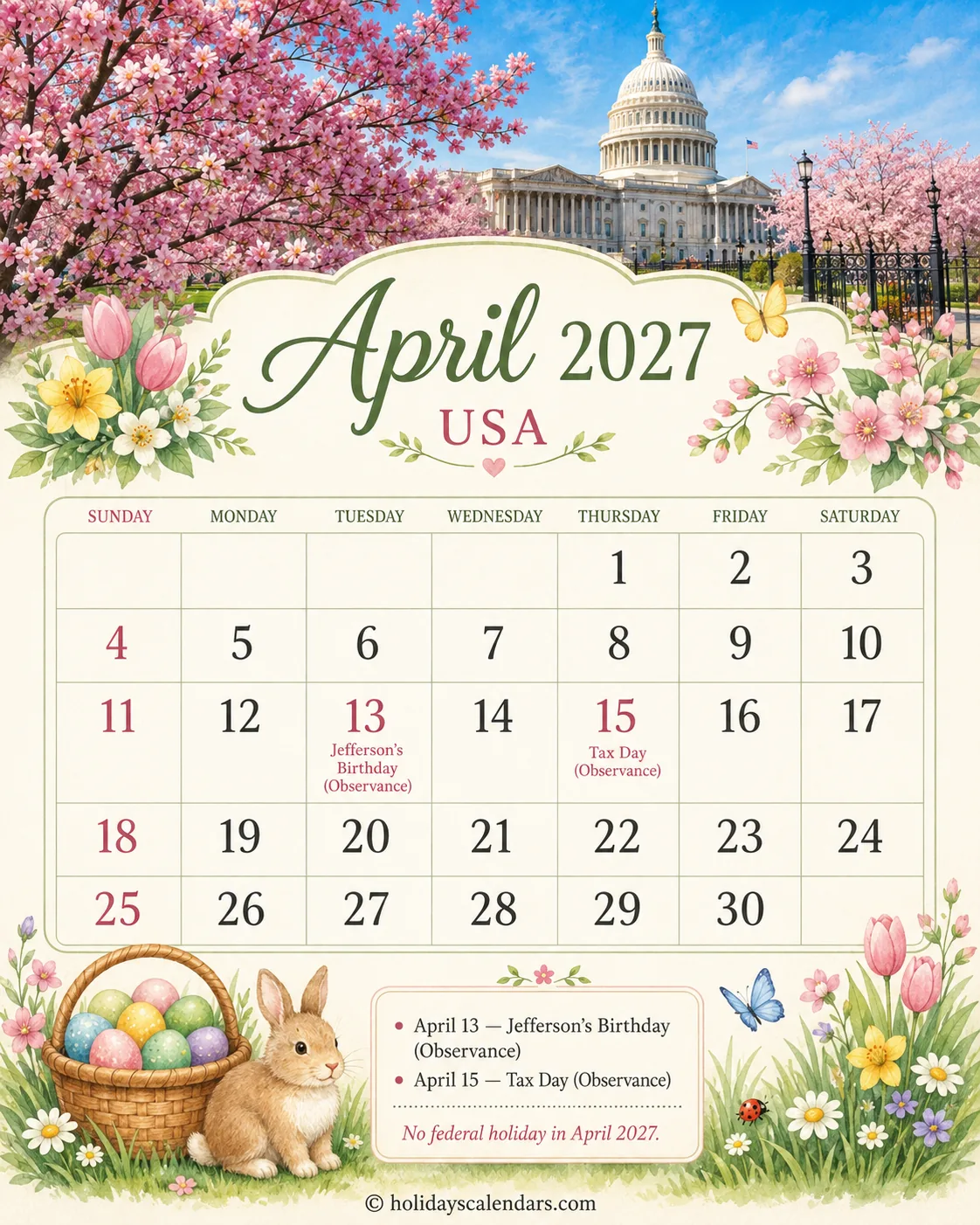 United States federal holidays April 2027 calendar image with no federal holiday dates listed