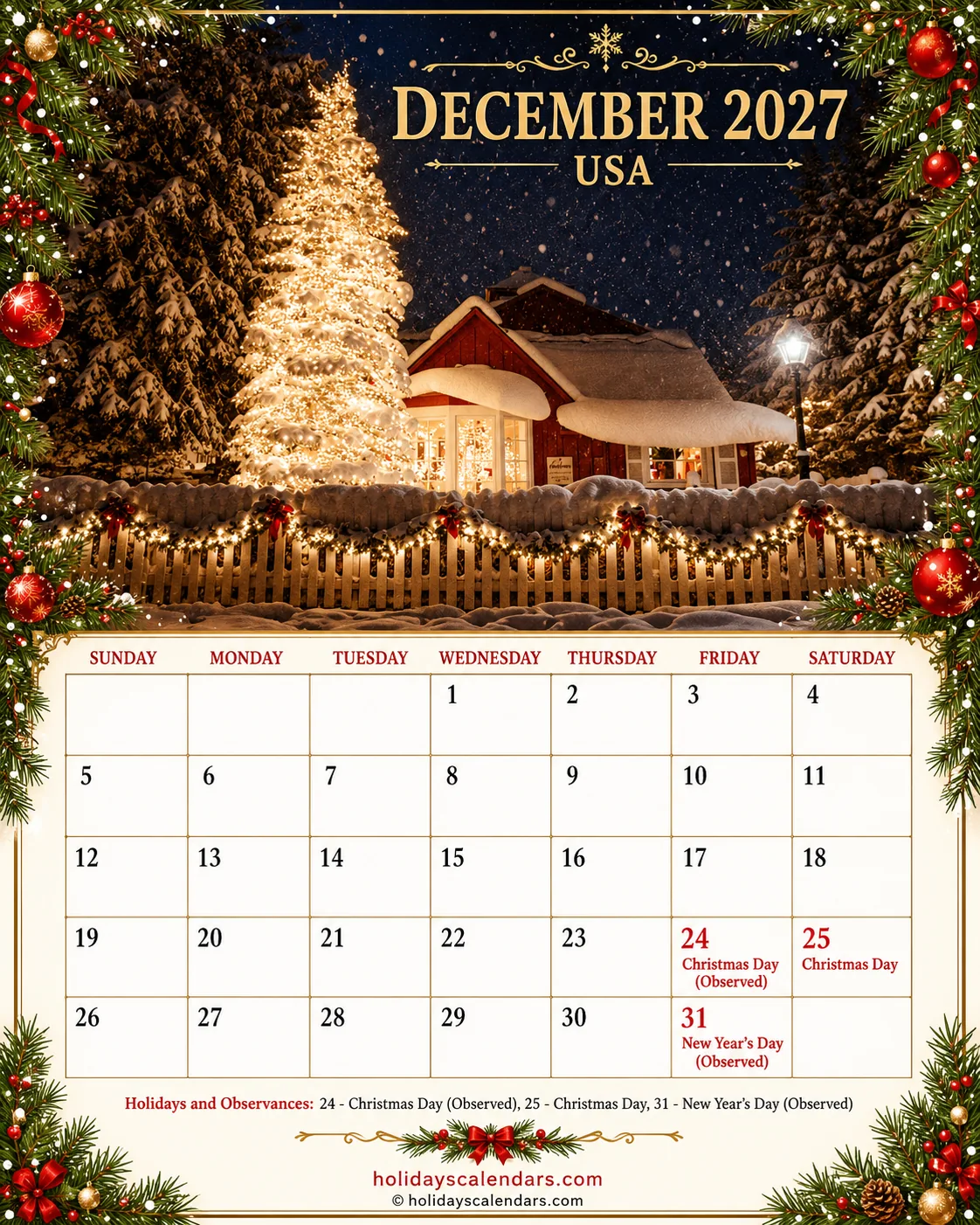 United States federal holidays December 2027 calendar image with Christmas Day observed date highlighted