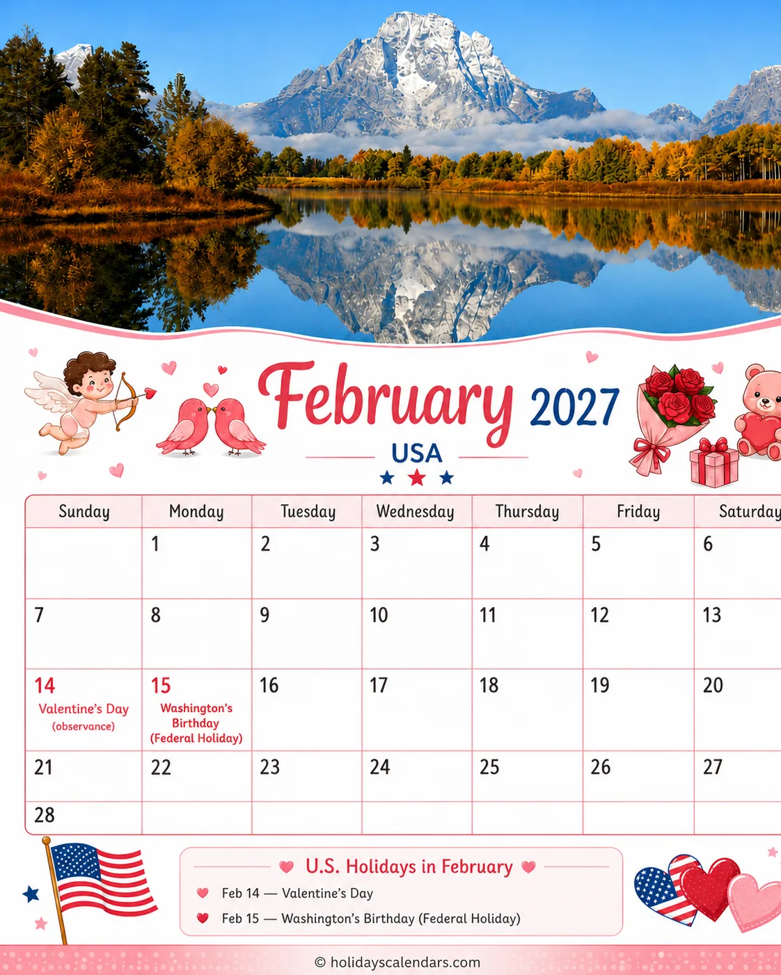 United States federal holidays February 2027 calendar image with Washington's Birthday highlighted