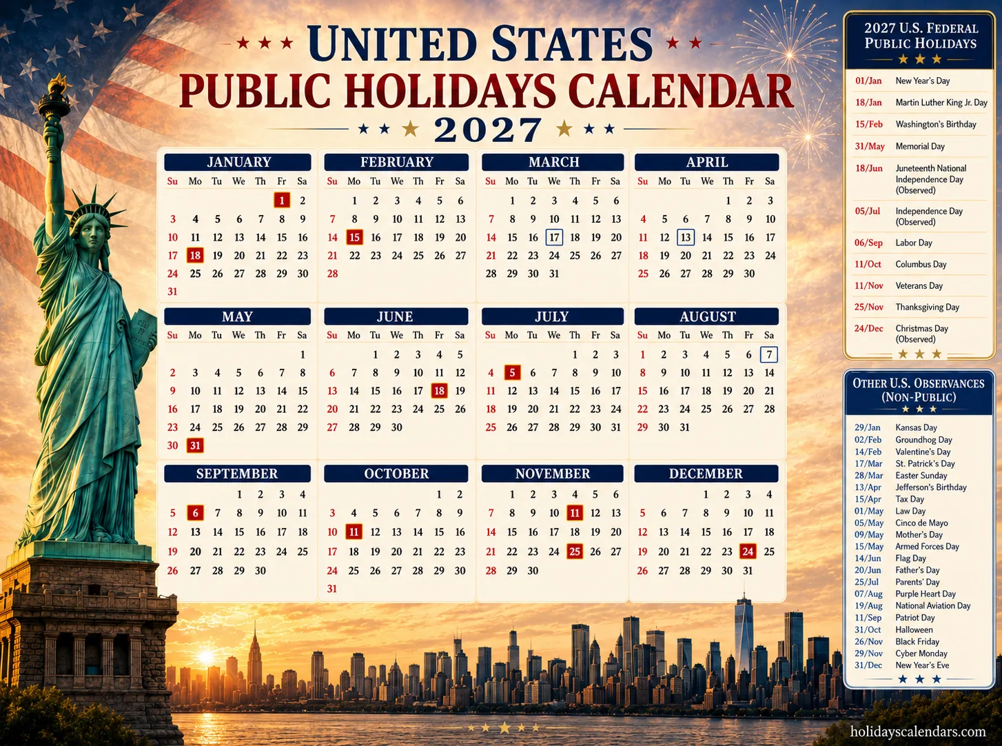 United States federal holidays 2027 full year calendar image with official and observed date markers