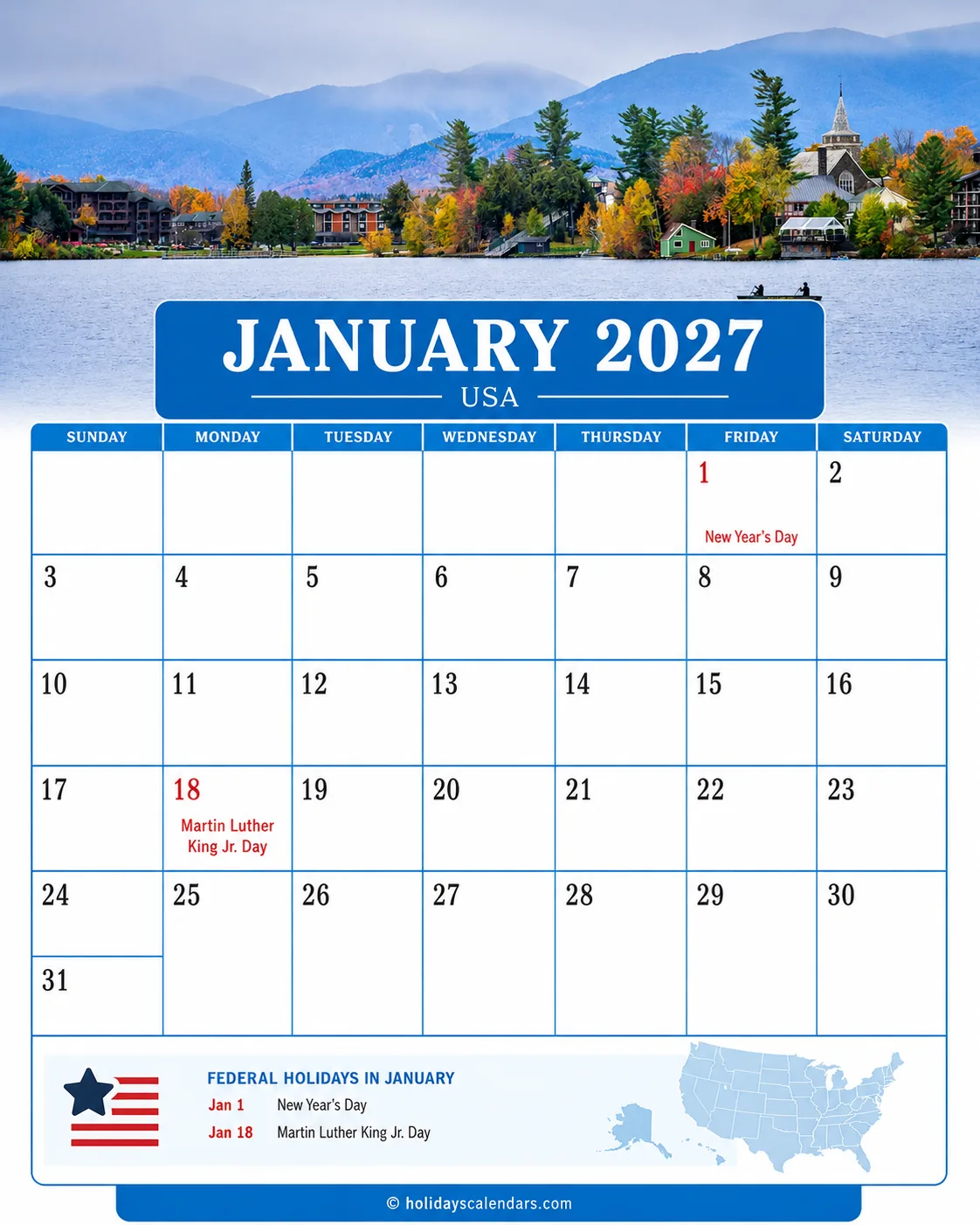 United States federal holidays January 2027 calendar image with New Year's Day and Martin Luther King Jr. Day highlighted