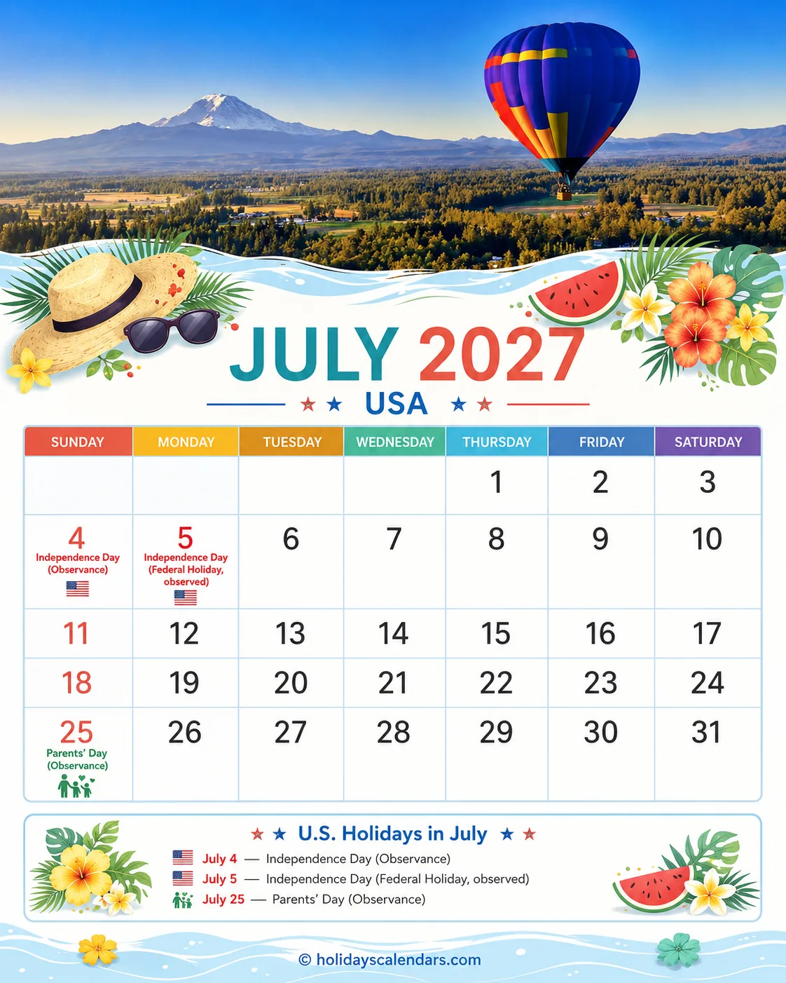 United States federal holidays July 2027 calendar image with Independence Day observed date highlighted