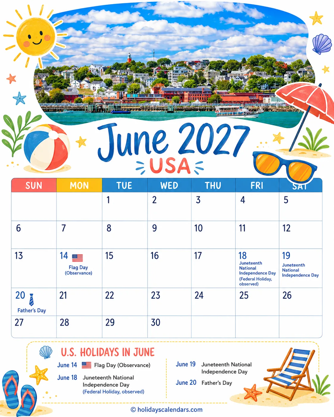 United States federal holidays June 2027 calendar image with Juneteenth observed date highlighted