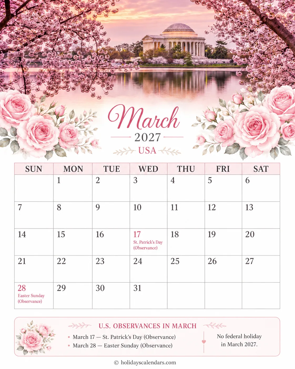 United States federal holidays March 2027 calendar image with no federal holiday dates listed