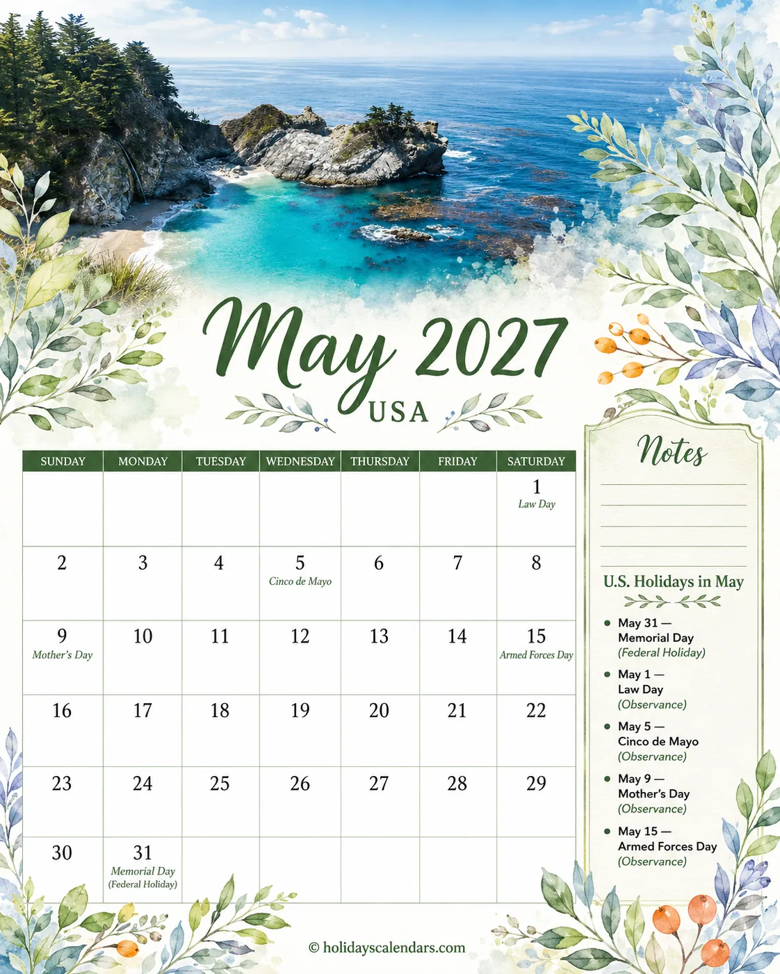 United States federal holidays May 2027 calendar image with Memorial Day highlighted