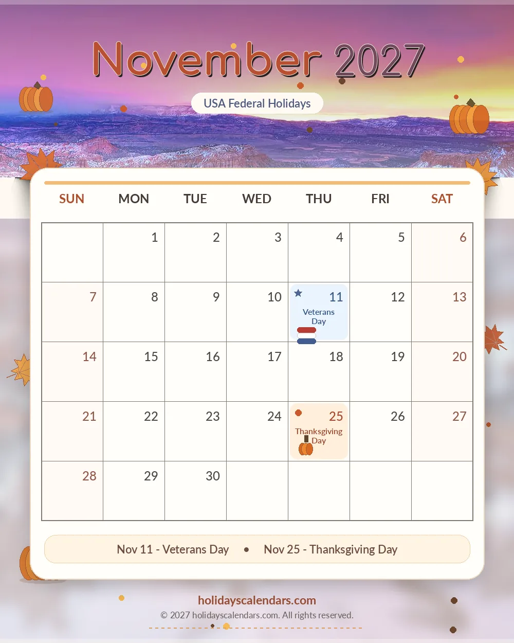United States federal holidays November 2027 calendar image with Veterans Day and Thanksgiving Day highlighted