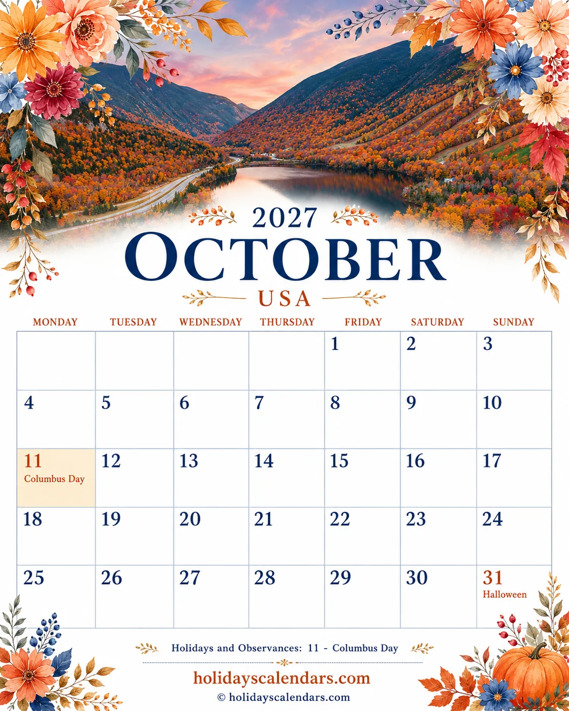 United States federal holidays October 2027 calendar image with Columbus Day highlighted