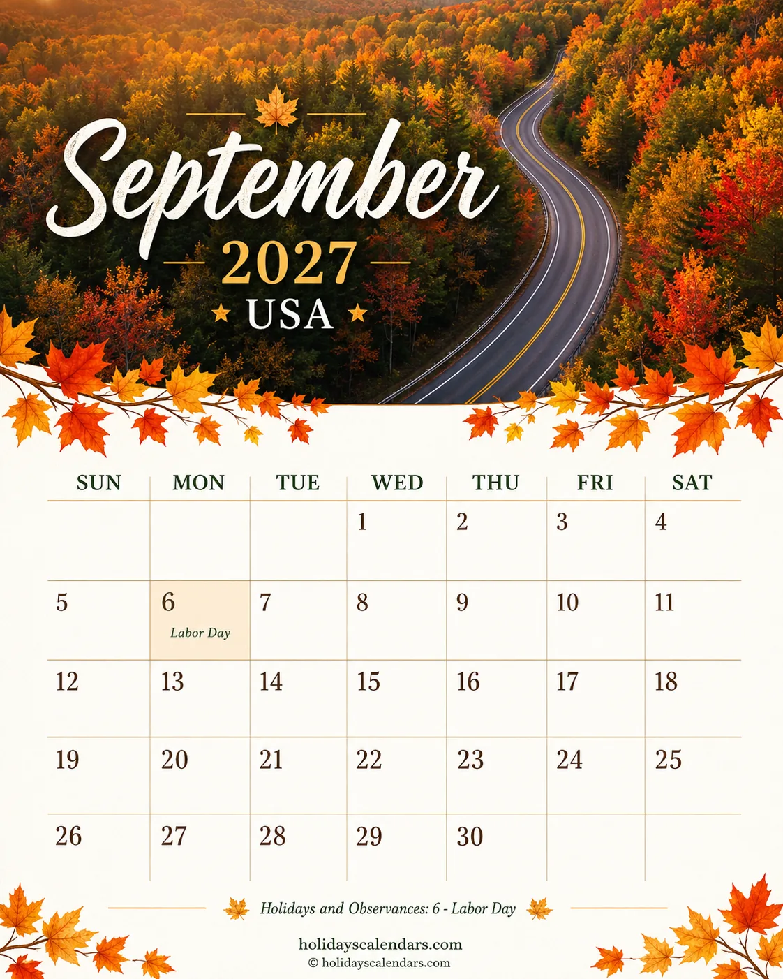 United States federal holidays September 2027 calendar image with Labor Day highlighted