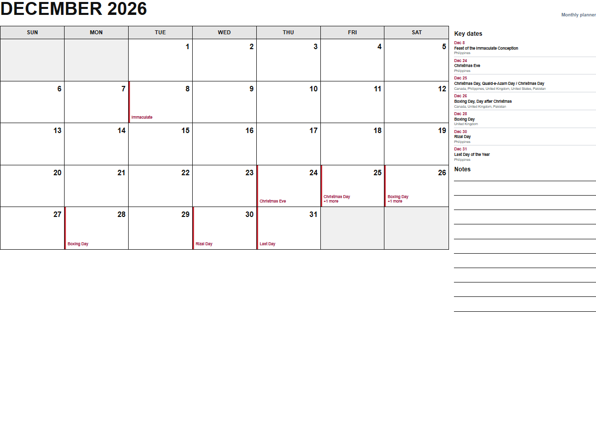 December 2026 monthly planner calendar PDF preview
