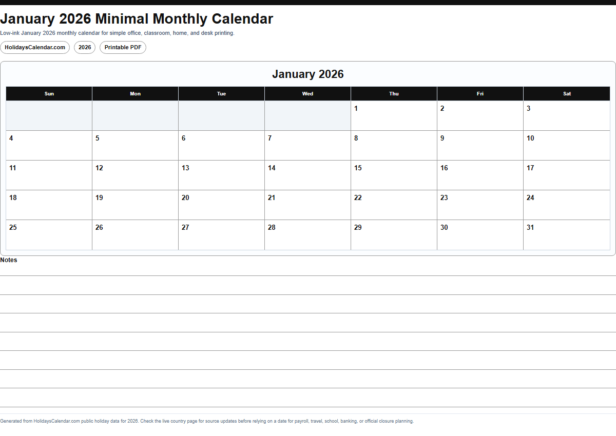 January 2026 minimal monthly calendar PDF preview