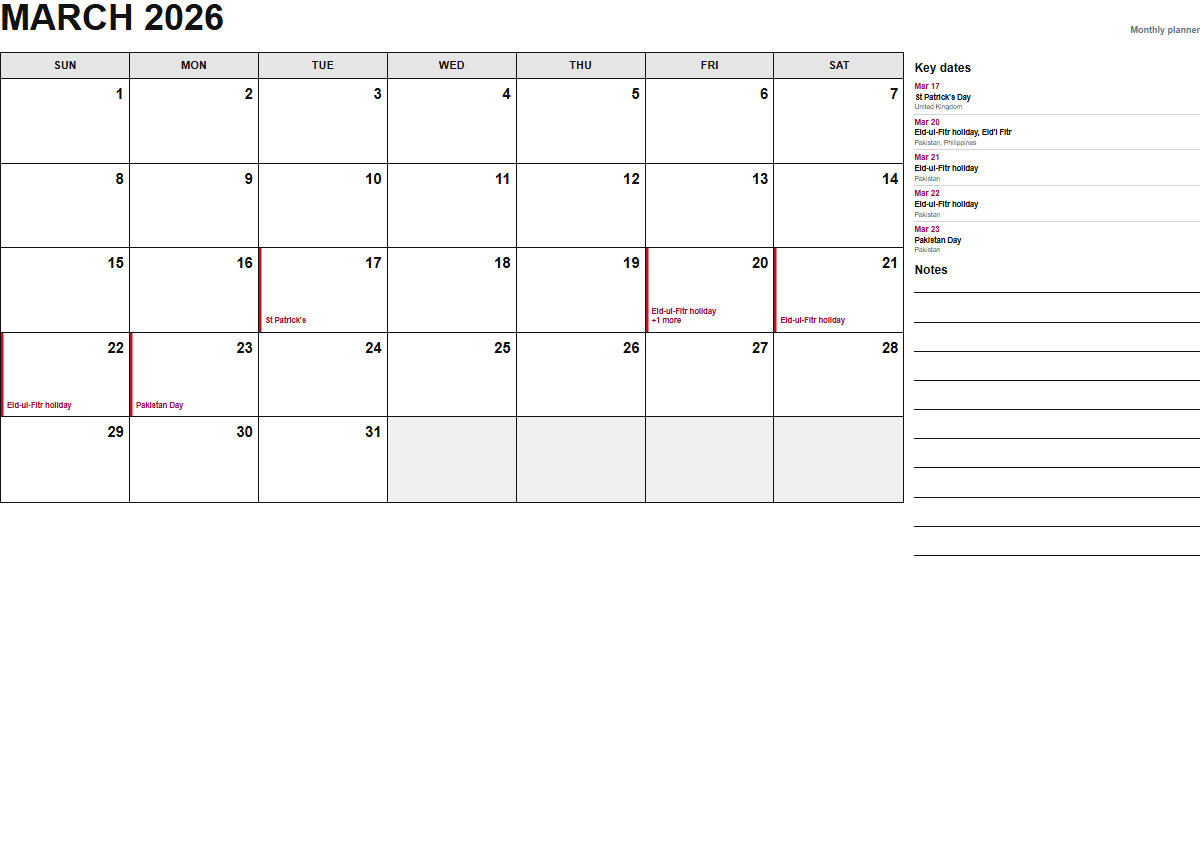 March 2026 monthly planner calendar PDF preview