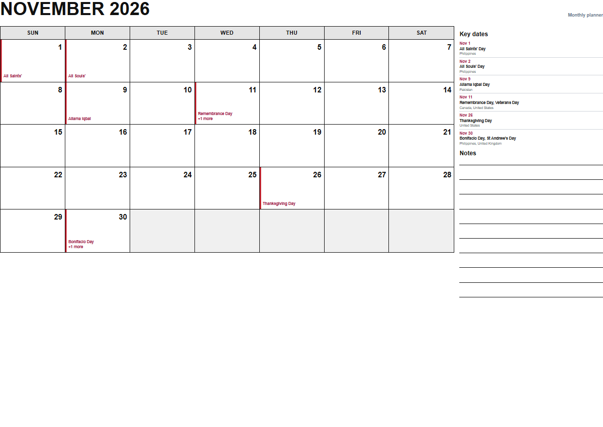 November 2026 monthly planner calendar PDF preview