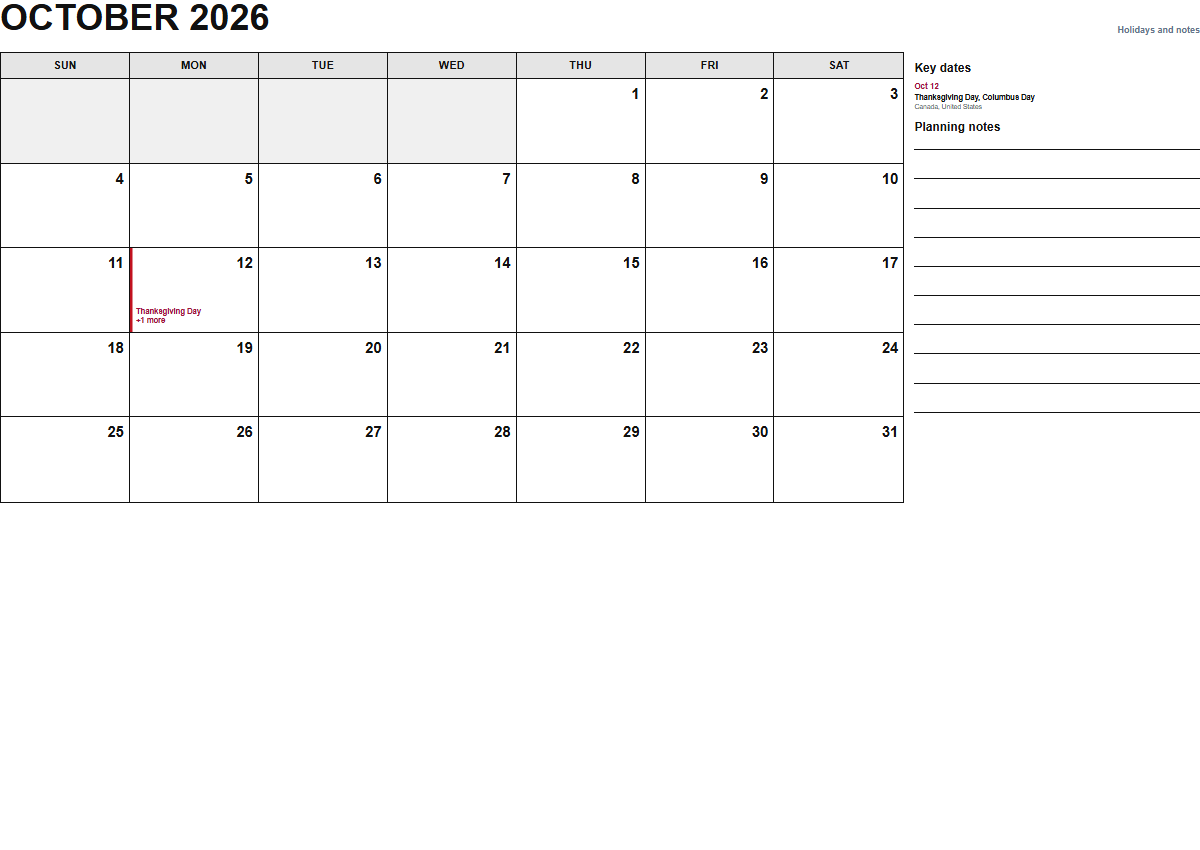 October 2026 calendar with holidays and notes PDF preview