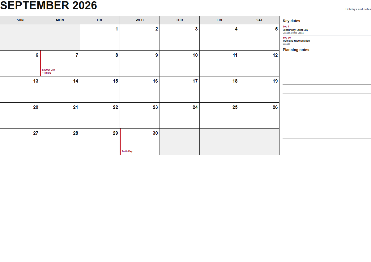 September 2026 calendar with holidays and notes PDF preview