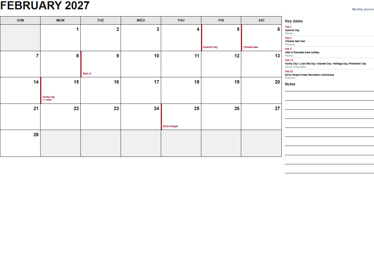 February 2027 monthly planner calendar PDF preview