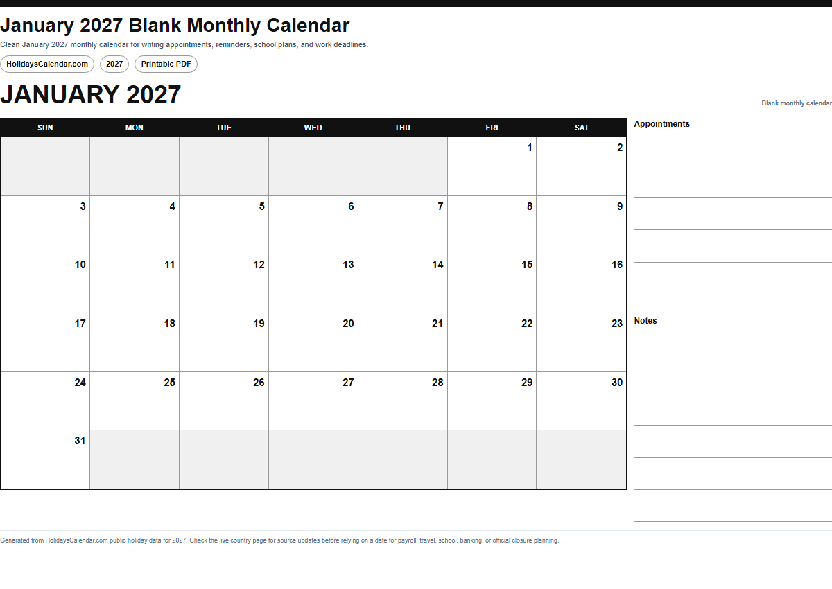 January 2027 blank monthly calendar PDF preview