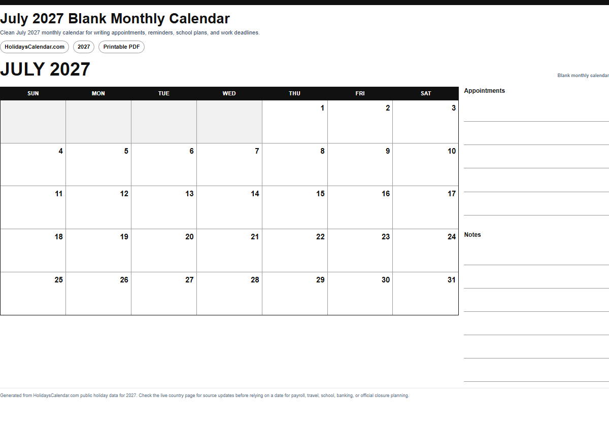 July 2027 blank monthly calendar PDF preview